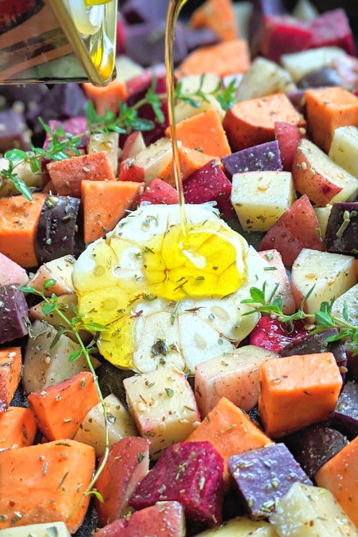 low sodium roasted vegetables with garlic olive oil rosemary thyme roasted potatoes sweet potatoes beets carrots and parsnips
