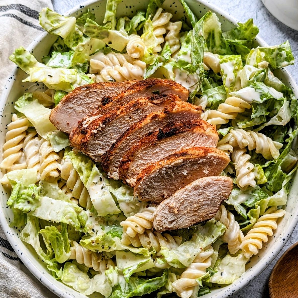 low sodium grilled chicken pasta salad recipe with a no salt added caesar dressing made from Greek yogurt